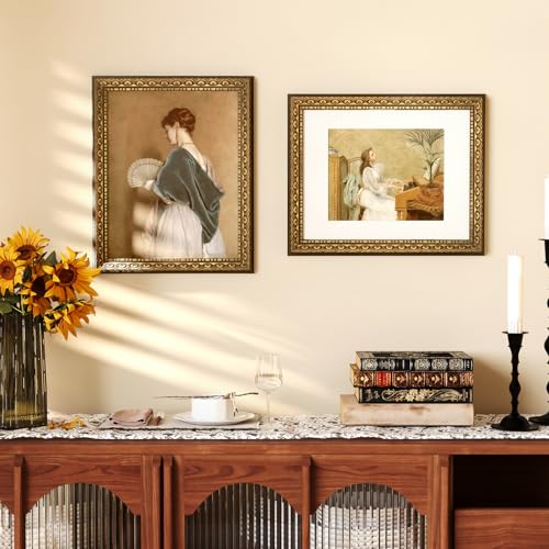 Image of 11x14 Vintage Picture Frames,Antique Frames with White Mat for 8x10 Picture,Gold Frames for Wall Decor,4 Pack Ornate Picture Frames,Gold
