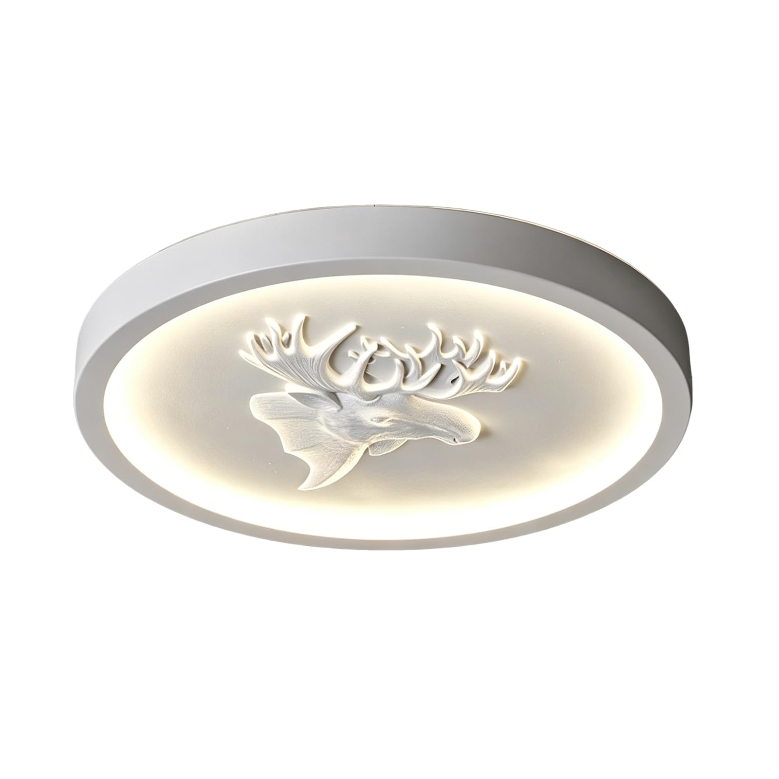 YNVIOZM Round LED Ceiling Light White Resin Carved Deer Head Flush Mount Ceiling Lamp, 3 Color Temperatures Adjustable Lighting Fixtures for Bedroom, Kitchen, Living Room, Office, and Hallway.