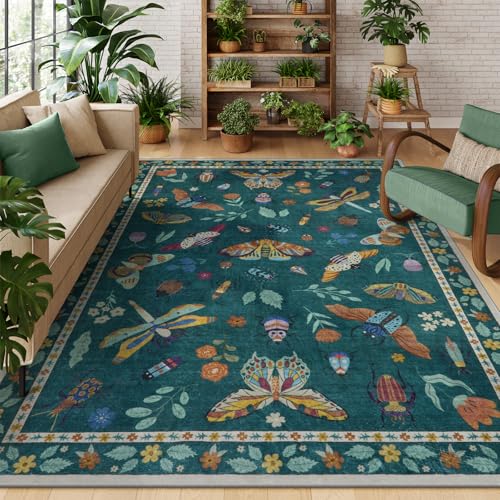 Lahome Insect Print 5x7 Area Rugs for Living Room, Soft Washable Rugs for Bedroom Ultra-Thin Non Slip Modern Rug, Stain Resistant Throw Rug Carpet for Office Nursery Dining Room(5'x7',Dark Green)