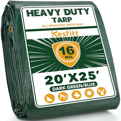 Image of Kesfitt 16 Mil Heavy Duty Waterproof Tarp with Metal Grommets, Dark Green & Blue Reversible Poly Tarp, 20x25 ft, for Outdoor Protection, Yard, Garden, Farm, Camping & Equipment Coverage