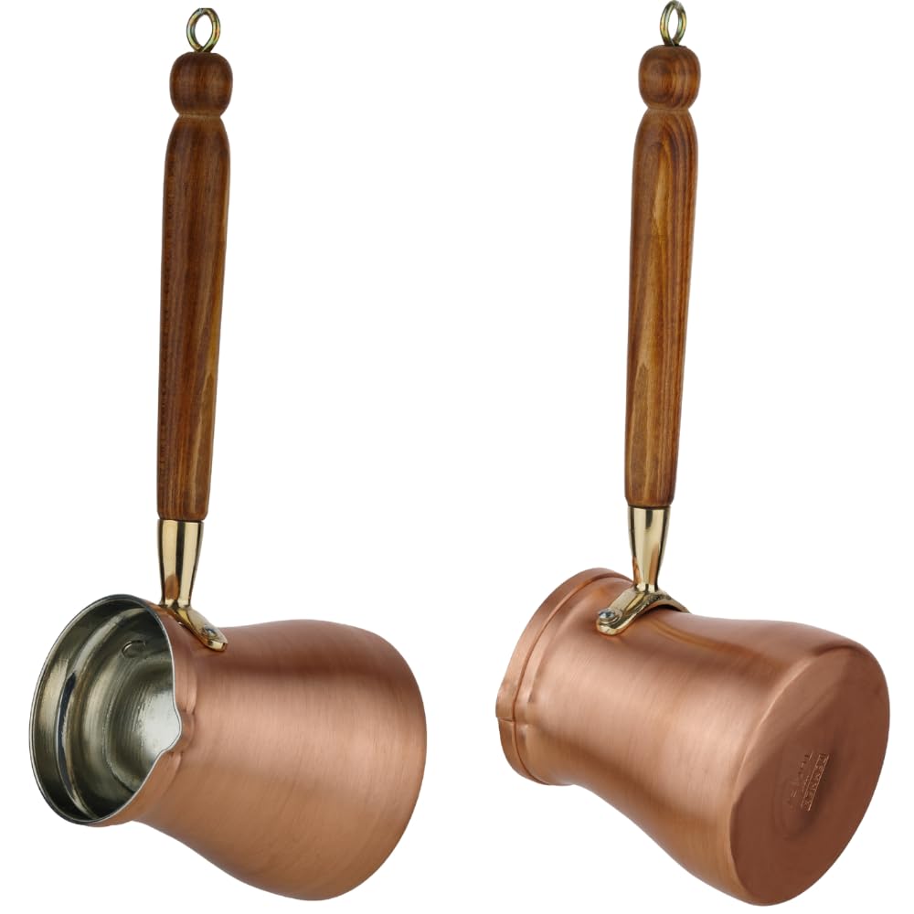 DEMMEX Türkische Kaffeekanne Cezve Ibrik Griechischer Kaffee Briki Herd Kaffeemaschine mit Holzgriff und Löffel, 1 mm dickes Kupfer, handgefertigt in der Türkei, 6 Portionen