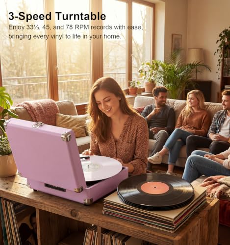 Image of Purple Bluetooth Suitcase Record Player, 3-Speed Turntable