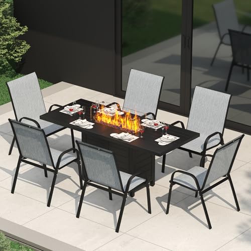 PIZZELLO 7 Pieces Patio Furniture Set w/ 60" Gas Fire Pit Table and 6 Patio Dining Chairs, Outdoor Conversation Set 50,000 BTU Aluminum Propane Fire Pit Stackable Patio Chairs Set of 6 for Backyard