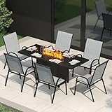 PIZZELLO 7 Pieces Patio Furniture Set w/ 60' Gas Fire Pit Table and 6 Patio Dining Chairs, Outdoor Conversation Set 50,000 BTU Aluminum Propane Fire Pit Stackable Patio Chairs Set of 6 for Backyard