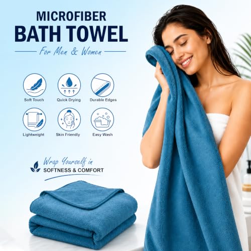 Image of JD FRESH Pack 1 Microfiber Bath Towel for Men & Women, Large Size 70 x 140 cm, 400 GSM Quick Dry Soft Bathing Towel, Bathroom, Shower & Swimming Use - Aqua Blue