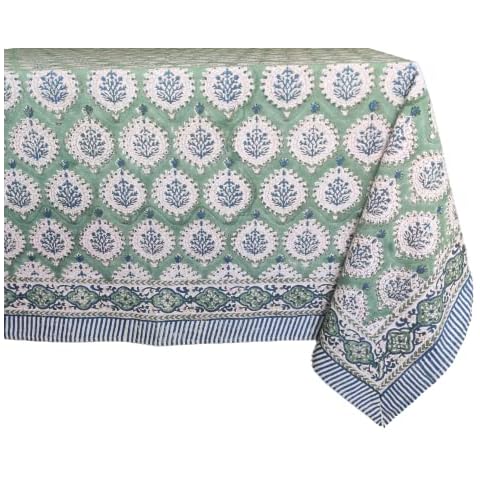 ATOSII Kari Green 100% Cotton Rectangle Boho Summer Tablecloth, Block Print Floral Table Cloth Linen for Dining, Parties, Wedding, Outdoors Home Decor 60 X 90 Inches I 6 Seater I Cover
