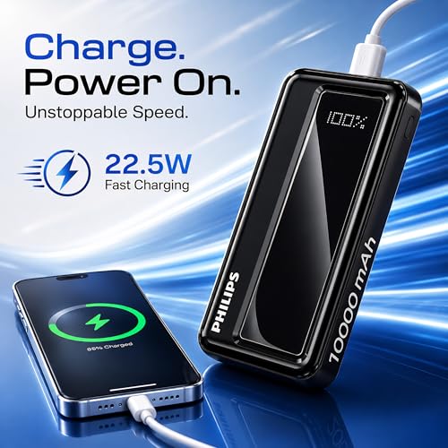 Image of Philips 10000mAh 22.5W Fast Charging Power Bank (Slate Black) with Digital LED Display | Type-C & USB-A Input /Output | 3 Output Ports | Lithium Polymer Battery | Portable for Mobile, Tablet & Earbuds
