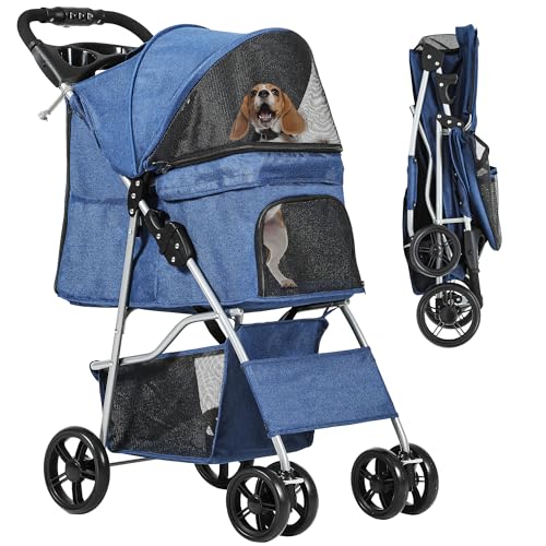 YITAHOME Haustierbuggy für mittelgroße Hunde, 4-Rad-Hundebuggy mit Aufbewahrungskorb, faltbarer Haustier-Reisewagen mit Getränkehalter und Aufbewahrungskorb (Blau)