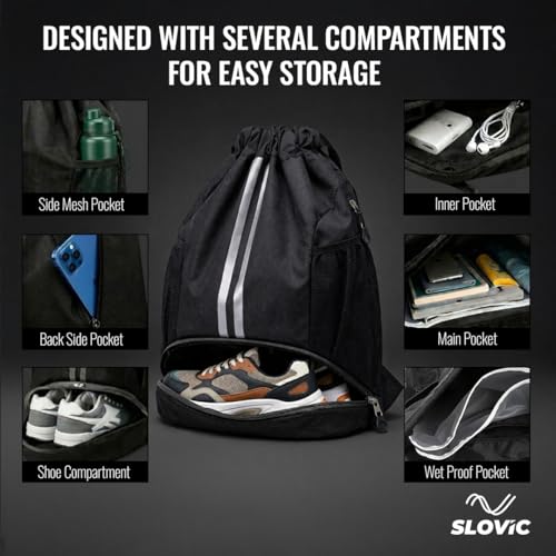 Image of SLOVIC Drawstring Bag for Man [22 LTR] | Gym Bag for Men with Separate Shoe Compartments | Durable Backpack Bag for Man | Backpack Bags for Women | Ideal for Gym, Travel & Sports | Black