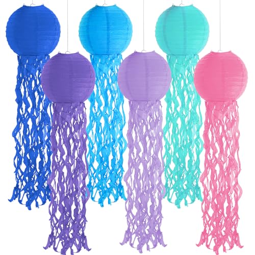 Image of Set of 6 Hanging Jellyfish Paper Lanterns Blue Jellyfish Decor for The Sea Ocean Party, Mermaid Birthday Decoration, Baby Shower, Nautical Events(Multi-Color 4)
