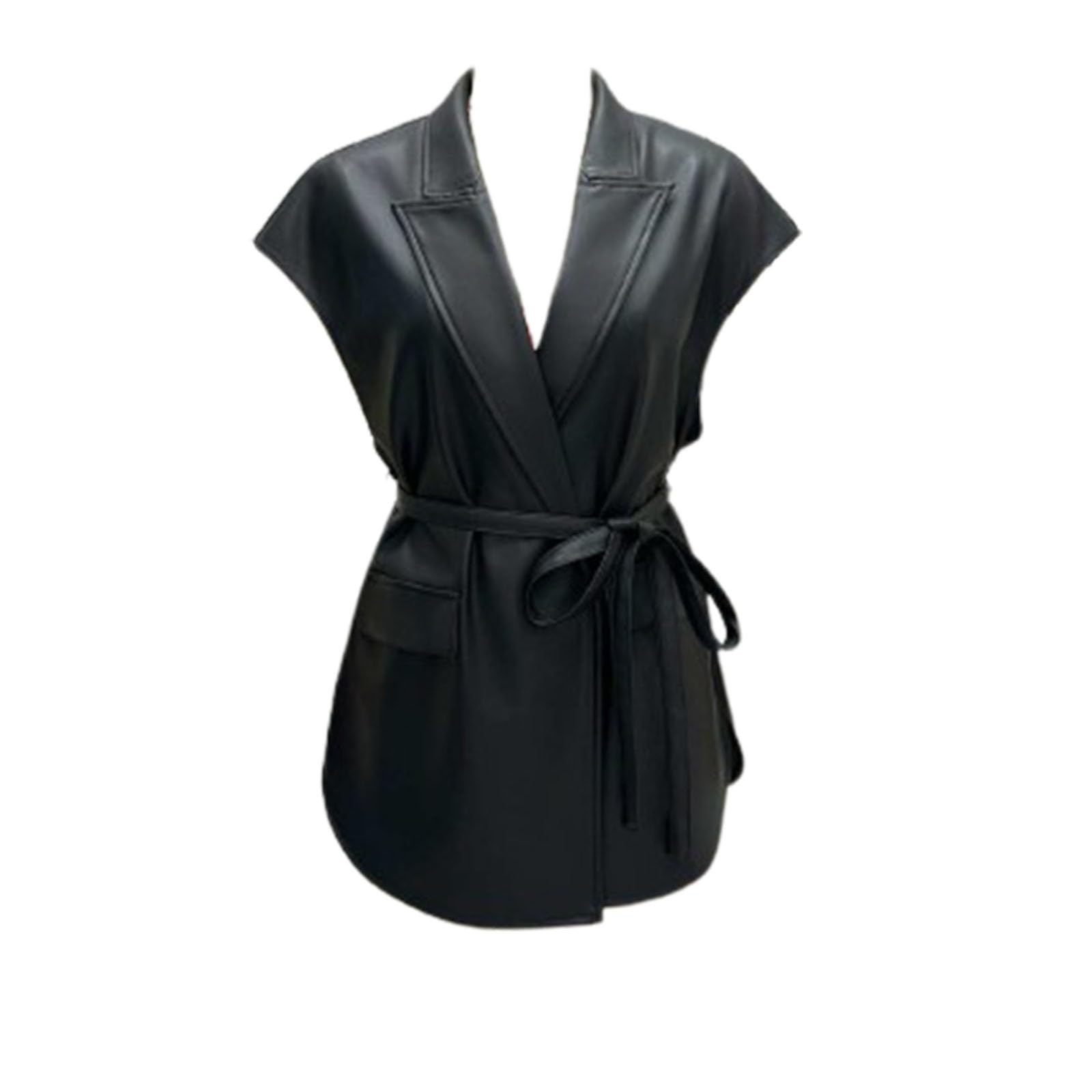 Chaleco de gabardina de cuero sintético con solapa y cinturón para un estilo sofisticado 4