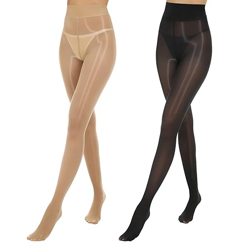 MANZI Women Oily Tights Shiny Gloss Pantyhose 15D 2 Pairs - L-XL - Black-1 Pairs,Nude-1 Pairs