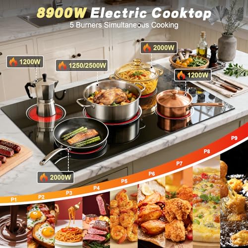 Image of 36 Inch Electric Cooktop 5 Burner 8400W Electric Stove 30'' Built-in Ceramic Stovetop with Knob Control, 9 Power Level, Safety Lock, Expanded Ring, 220V-240V Hard Wird (No Plug)