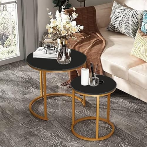 Image of Round Nesting Tables Simple Modern Small Round Table MDF Top Metal Table Living Room Sofa Set of 2 (Gold & Black)
