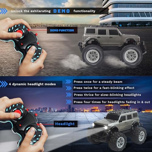 Image of popsugar Off Roader Rechargeable Remote Control Car | RC Car Monster Truck | 4 Headlight Modes | Lithium Battery | C-Type Charging | 2.4GHz Remote Controller | Made in India, Grey