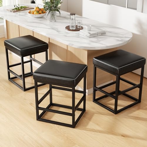 Image of Bar Stools Set of 6, 24in Counter Height Barstools, Faux Leather Counter Stools with Thick Square Seats & Sturdy Metal Base, Modern Bar Chairs for Kitchen Island (Black)