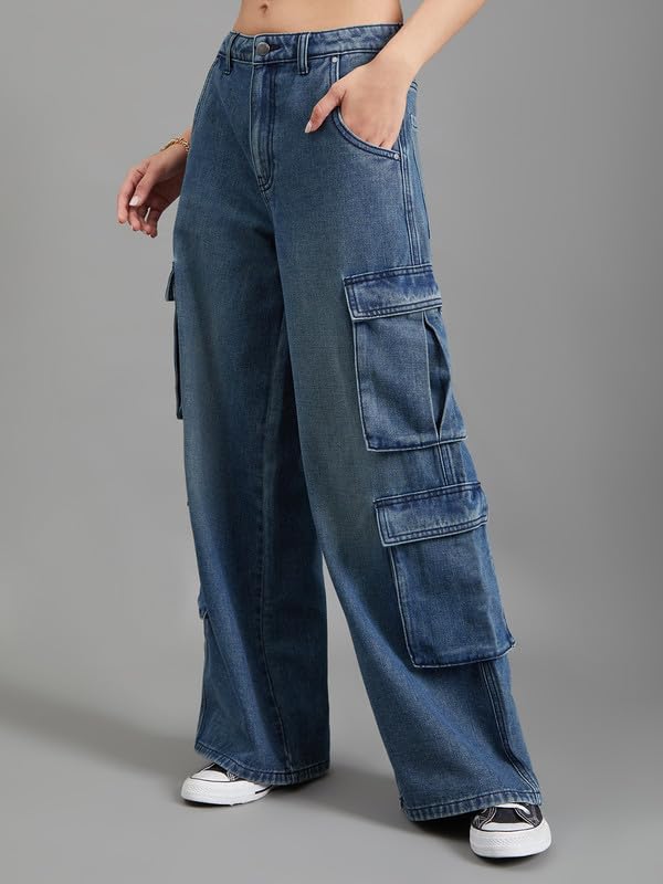 Image of GO COLORS Mostlysane Collection Denim Cargo Pant for Women | Breathable, Mid Rise, 8 Pockets