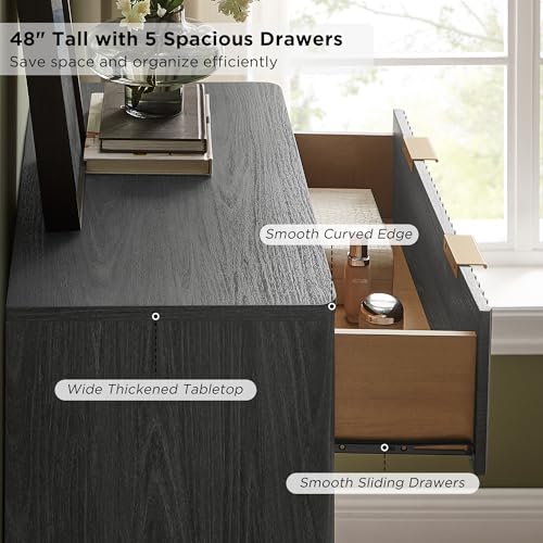 Image of T4TREAM Fluted 5 Drawers Dresser, 48 inch Tall Modern Chest of Drawers, Curved Profile Design, Wood Drawer Organizer for Bedroom, Living Room, Hallway, Entryway, Dark Alder