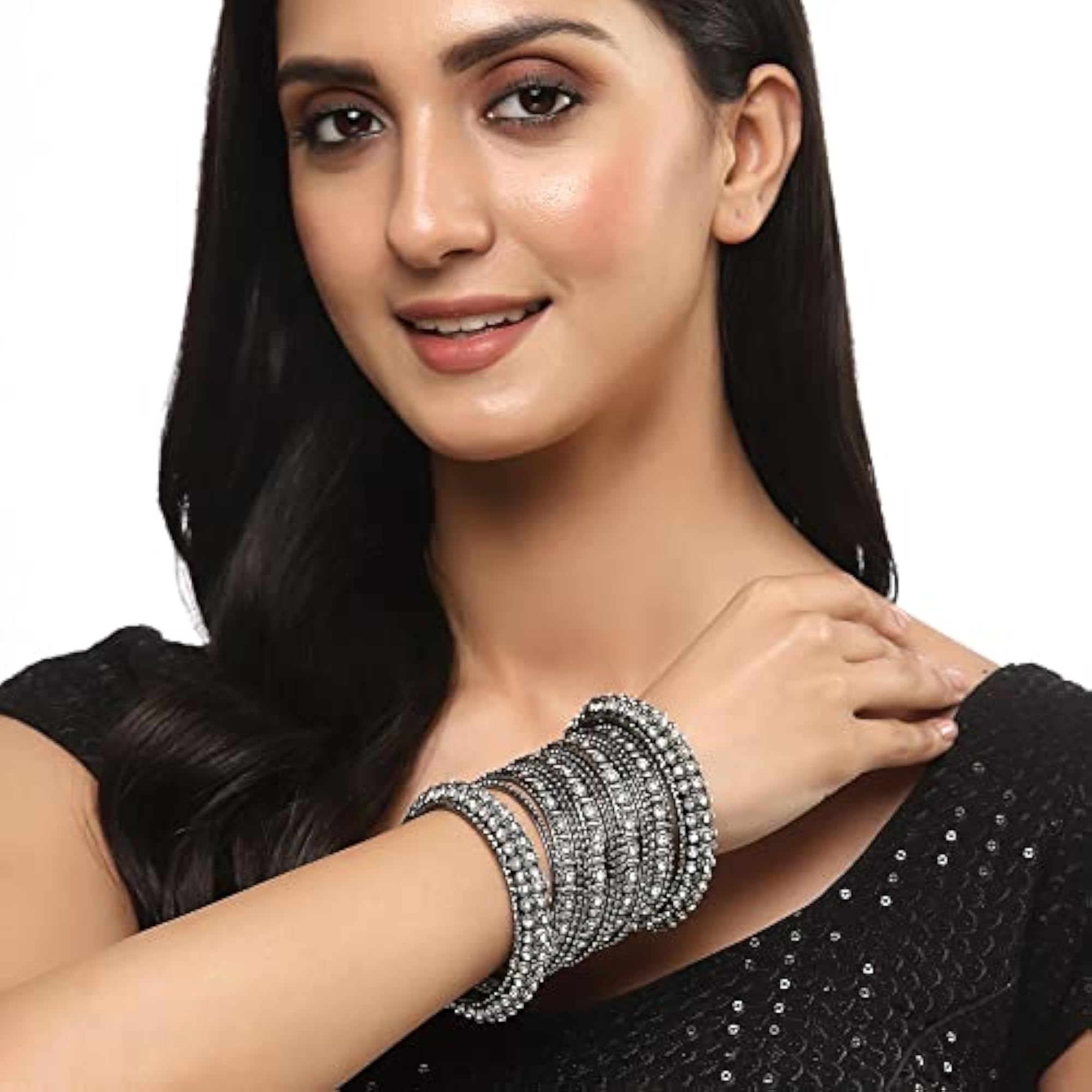 Oxidised Silver-Plated Bangles Set with Artificial Stones (Set of 14)