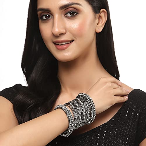 Oxidised Silver-Plated Bangles Set with Artificial Stones (Set of 14)