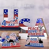 4Pcs 4th of July Table Decorations Patriotic Decorations July 4th Day Wooden Centerpieces Fourth of July Independence Day 250th Anniversary USA Red White Blue Tabletop Signs for Home Office