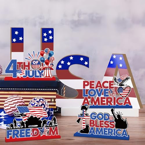 4Pcs 4th of July Table Decorations Patriotic Decorations July 4th Day Wooden Centerpieces Fourth of July Independence Day 250th Anniversary USA Red White Blue Tabletop Signs for Home Office