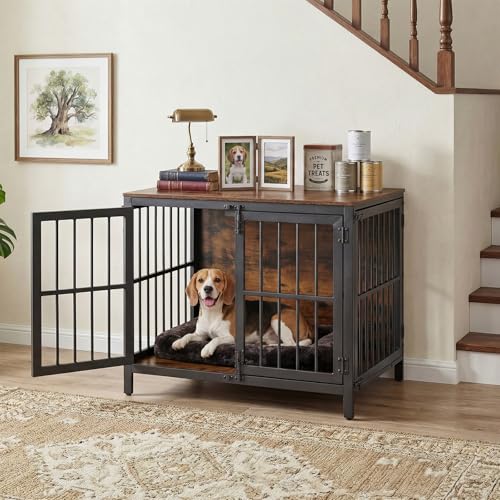 HOOBRO Heavy Duty Dog Crate Furniture, 31.5" Wooden Indoor Kennel with 3 Doors, Chew Resistant Metal Cage for Small and Medium Breeds, Dog Crate Side Table, Black and Rustic Brown BF81GW03 by HOOBRO - Image 6