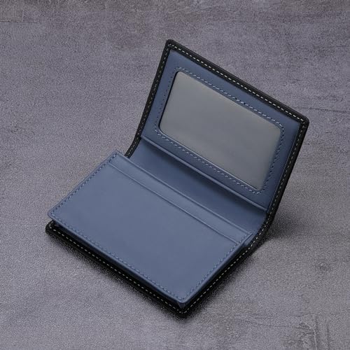 Image of HISCOW Full Grain Leather Business Card Holder Case | Minimalist EDC wallet, gusset holds 25 cards, ID window, fits folded bills, bifold profile, premium gifts for men & women