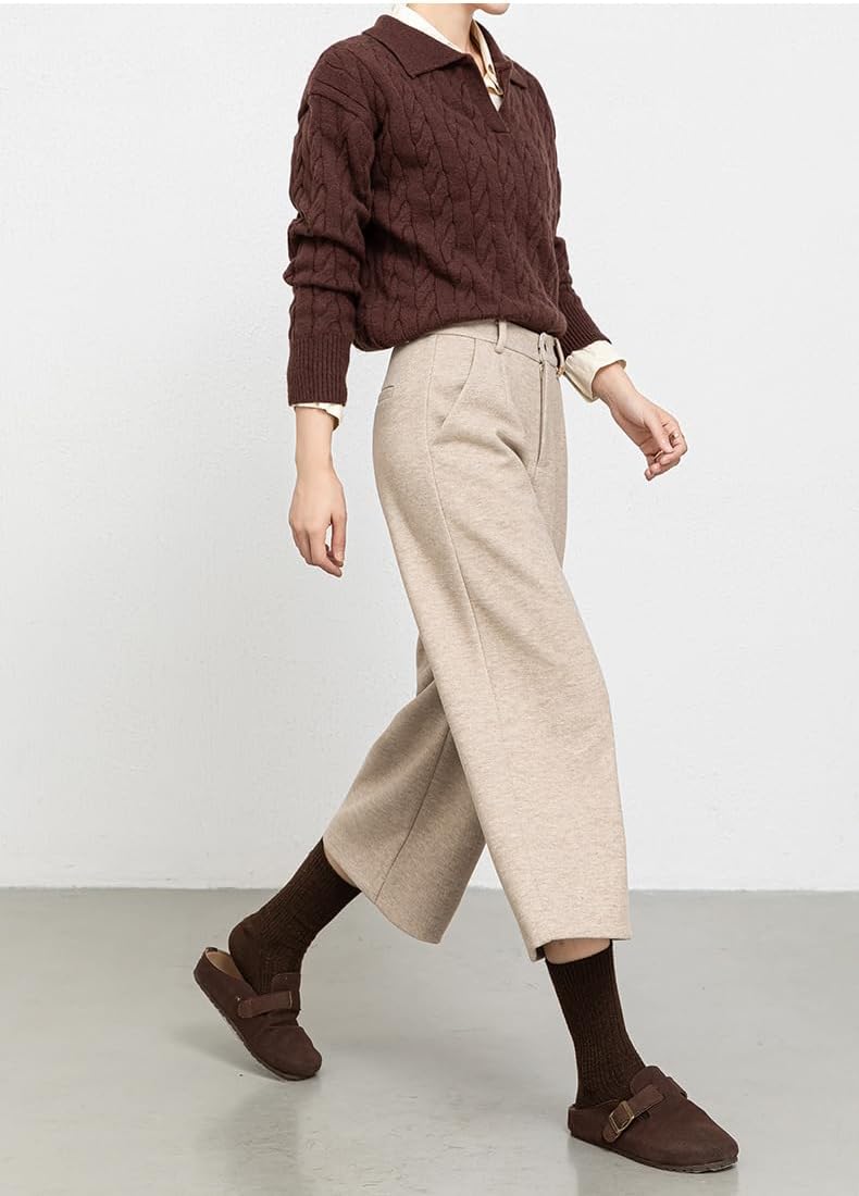 [mocoly] ワイドレッグパンツ 七分丈【加厚保温&times;立体カット】 高腰4.5cm幅ト 妊婦対応 オフィス着用OK 冬用コンポジッ