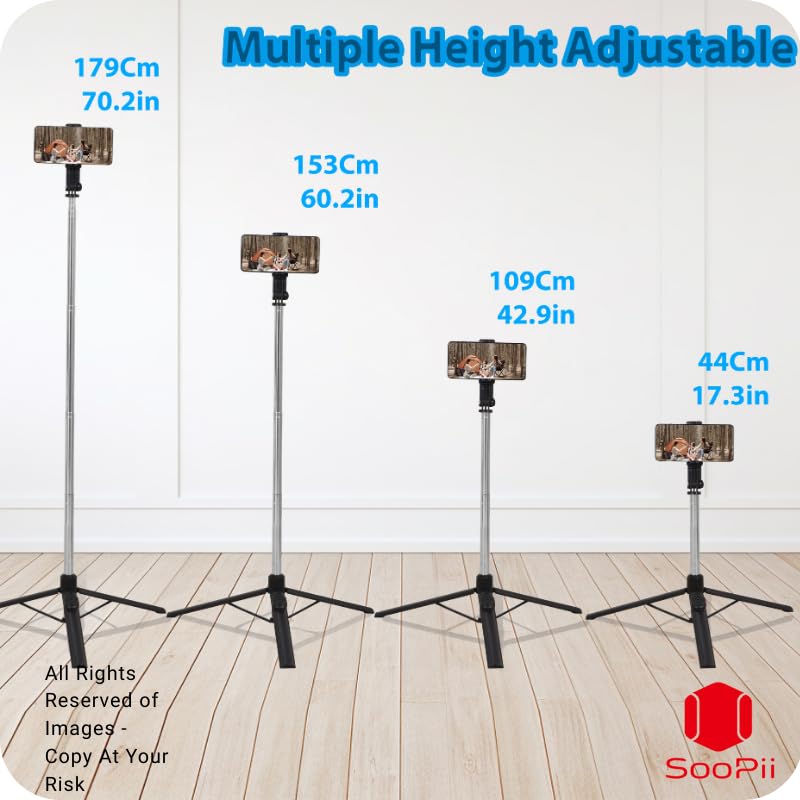 Image of SooPii 67-inch Multi-Function Long Selfie Stick with Tripod Stand Bluetooth Selfie Tripod for i-Phone, Go-Pro, and Camera - Perfect for Vlogging, Live Streaming, and Travel - (Black)