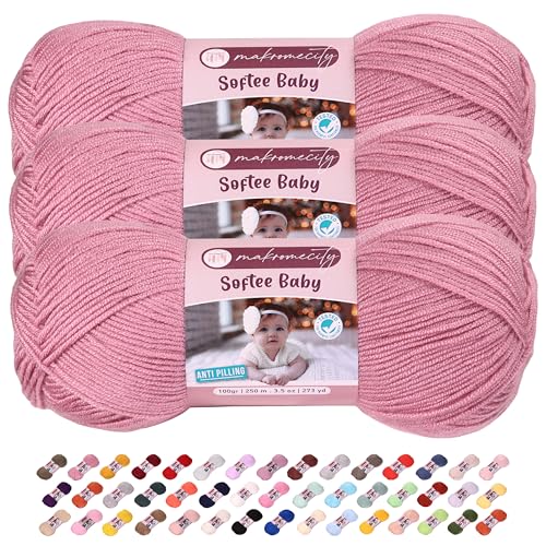 Image of 3 Skeins of Makromecity Softee Baby Yarn,%100 Premium Anti-Pilling Acrylic, 3.5 Oz, 273 yd (100gr /250 mt) Each, Soft Yarn for Crocheting and Knitting (Dusty Rose, 3 Skeins)