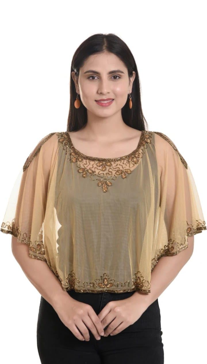 Women’s Embroidered Net Poncho Cape Top | Lightweight Sheer Layer | Stylish Ethnic Shrug with Sequin Detailing for Sarees, Kurtis & Western Outfits.-image-12