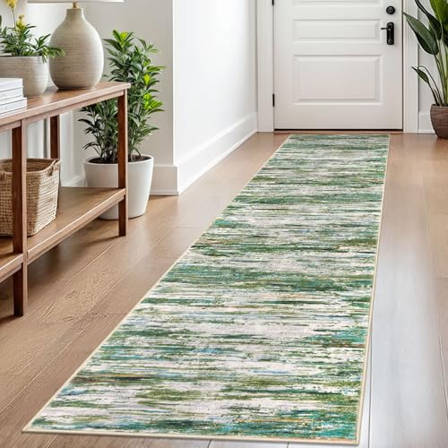 2x8 Green Grey Multi Modern Abstract Runner Rug for Hallways, Super Soft Hallway Decor Kitchen Rugs with Non-Slip, Non-Shedding Washable Rug for Entryway Bedroom Bathroom Laundry Indoor
