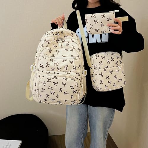 3pcs Set Bow Backpack for Girls, Nylon Coquette Backpack with Bow Pattern, Cute Comfy, for Everyday Travel, College (Black Red)2