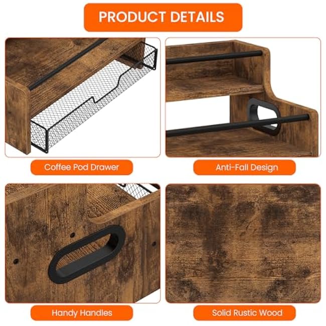 Homode Coffee Syrup Organizer Rack, 3-Tier 8 Bottles Syrup Stand with 35 K Cup Storage Drawer for Coffee Station Bar Accessories, Countertop Wood Liquor Bottle Holder for Wine, Rustic Brown