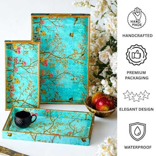 Image of Set of 3 Wooden Trays Enamel Coated| Premium Wooden Trays| Rectangle Trays Set of 3 | Serving Trays | Wooden Tray | Kitchen & Dining Decorative | Size- 16 X 10 Inch | 14 X 8 Inch | 12 X 6 Inch