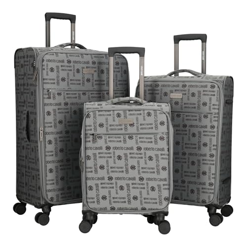 ROBERTO CAVALLI Luxury 3 Piece Luggage Set, Expandable Softside Suitcases with 8 Spinner Wheels, TSA Lock Large Suitcase Set for Men and Women-Gray