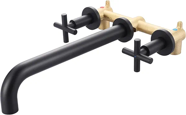 Wall Mount Tub Filler Matte Black, ARCORA Bathtub Faucet Long Spout Reach, 2 Cross Handles Wall Mounted Tub Faucet with Brass Rough in Valve Included