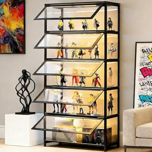 QOEUDD Display Cabinet with Acrylic Glass Door, 4 Tier Curio Display Case, Collectibles Toy Organizers Rack & Display Shelf, Kids Bookcase for Bedroom, Reading Nook, Toddler's Room, Bamboo