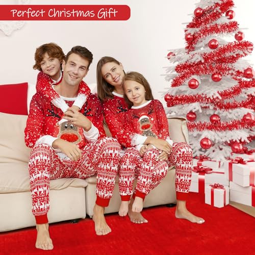 Weihnachten Familie Pyjama Set Lange Sleepwear Nachtwäsche Ärmel Niedlich Elch Druck Rundhal Sausschnitt Plaid Schlafanzug Family Loungewear Outfit Geeignet Für Damen Herren Kinder und Baby Rot