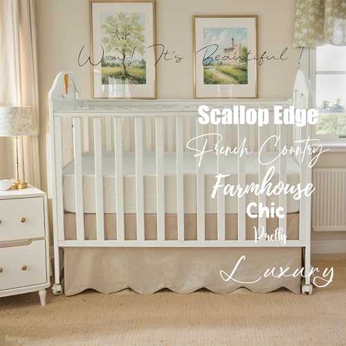 Image of Brandream Scallop Edge Organic Cotton Crib Skirt, Baby Boy, Baby Girl, Gender Neutral Crib Skirt Toddler Bedskirt Farmhouse Chic Nursery Crib Bed Skirt, Boho Bohemian Solid Beige Skirt