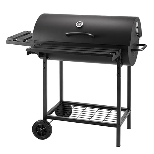 Barrel Charcoal Grill with Side Shelf and Front Shelf, Outdoor BBQ Grill, 600 Large Grilling Space, Ideal for Outdoor Gatherings, Backyard & Patio Use