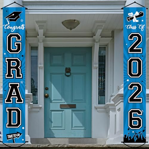 Image of Graduation Banner 2026 Graduation Decorations Blue and Black Grad Banner Porch Sign Class of 2026 Door Decor Congrats Hanging Backdrop Blue Grad Party Decor for School Congratulations Supplies
