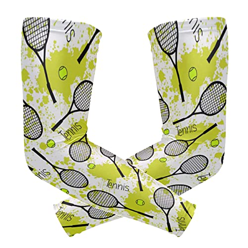 Seamless Black Tennis Rackets Green Balls on Green Blots Stains 1 Pair Cooling Sports Arm Sleeves, Cover Uv Sun Protection Warmer for Sports Men Women Running Golf Cycling Riding Jogging