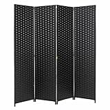 MyGift 4 Panel Hinged Room Divider, Woven Paper Rattan Privacy Screens, Black