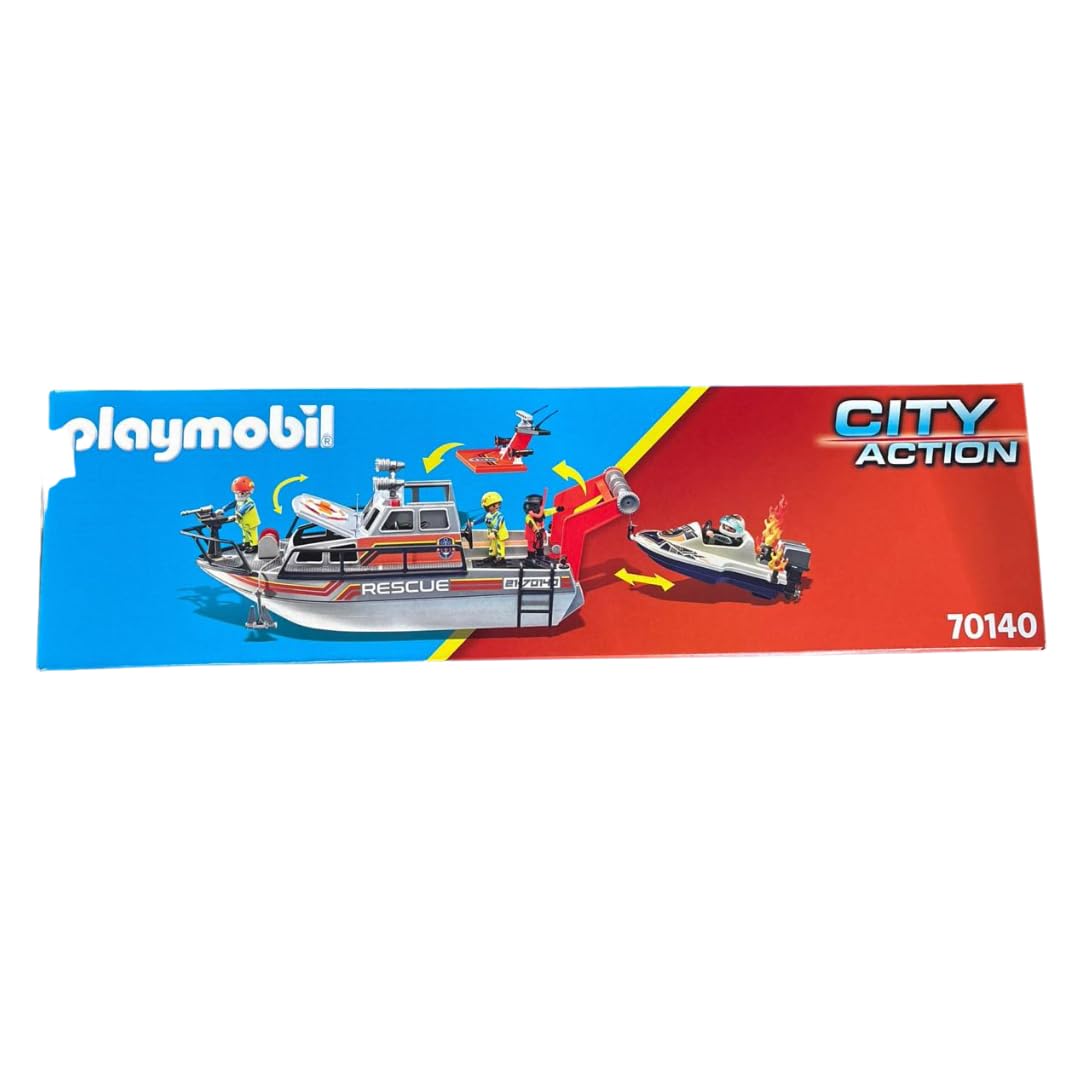 PLAYMOBIL City Action 70140 Rescate marítimo: Operativo de extinción de Incendios con Barco de Rescate, Juguetes para niños a partir de 4 años
