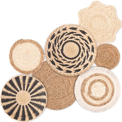CODOHI 7er Set Wandkorb Deko aus Seegras, Handgefertigte Runde Geflochtene Körbe in Naturtönen, Hängende Wanddekoration für Wohnzimmer, Schlafzimmer, Flur oder Tisch – Verschiedene Größen