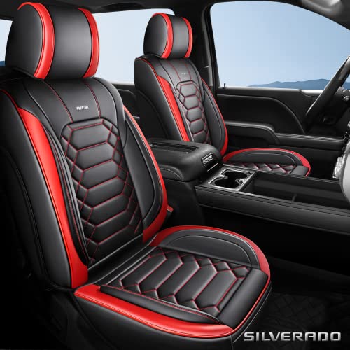 FREESOO Chevy Silverado Seat Covers- Silverado GMC Sierra Seat Covers Leather-2014 2015 2016 2017 2018 Chevrolet Silverado Seat Covers Full Set- Custom 1500/2500/3500HD Crew Cab Faux Leather BlackRed