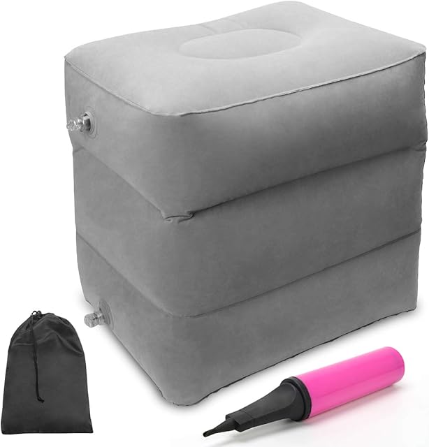 Foot Rest Travel Pillow, COITEK 3 Layers Inflatable Travel Leg Pillow, Sleep Pillow for Adjustable Height Foot Pillow Airplane Flight Foot Rest Pillow for Home, Office, Bus, Cars (Grey)