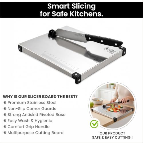 Image of Heavy Duty Stainless Steel Chopping Board with Attached Knife Set - Non-Slip Vegetable & Fruit Cutting Board, Rustproof & Dishwasher Safe Board for Kitchen (Square Counter top)